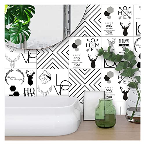 Tile Stickers Elk Black White Stick on Tiles Bathroom PVC Self Adhesive Wall Tiles Kitchen Stick on Wall Tiles Waterproof Peel and Stick Floor Tiles Self Adhesive Tiles for Walls (Size : 10x10x10 pcs