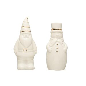 one holiday way 3.75-inch elegant white stoneware santa & snowman salt dispenser and pepper shaker set w/gold accents – decorative christmas kitchen counter tableware - xmas party tabletop home decor