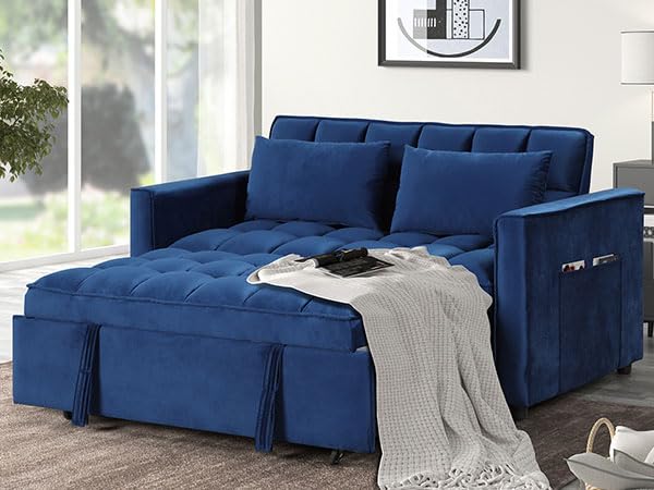 EBELLO 3 in 1 Convertible Sleeper Sofa Bed, Modern Velvet Loveseat Futon Couch Pullout Bed with Side Storage Pockets & Pillows, Small Love Seat Lounge Sofa Bed for Small Space, Living Room