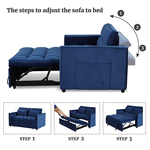 EBELLO 3 in 1 Convertible Sleeper Sofa Bed, Modern Velvet Loveseat Futon Couch Pullout Bed with Side Storage Pockets & Pillows, Small Love Seat Lounge Sofa Bed for Small Space, Living Room