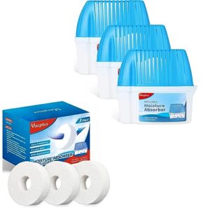 vacplus ultra-fast dehumidifiers, drop starter kit - 3 reusable boxes with 6 pack weighted humidity absorber refill tabs, individually-wrapped dehumidifier for closet, moisture absorber & odor elimi