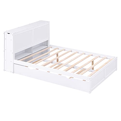 BIADNBZ Full Size Storage Platform Bed with Pull Out Shelves and Twin Size Trundle, Wooden Bedframe with Headboard, for Kids Teens Adults Bedroom, White