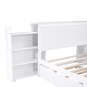 BIADNBZ Full Size Storage Platform Bed with Pull Out Shelves and Twin Size Trundle, Wooden Bedframe with Headboard, for Kids Teens Adults Bedroom, White