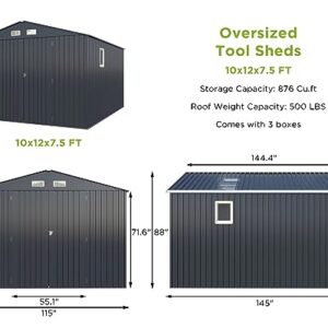 VanAcc 10x12x7.5 FT Outdoor Storage Shed, Galvanized Steel Metal Garden Sheds with 2 Light Transmitting Window and Double Lockable Door, Oversized Tool Sheds for Backyard Patio Dark Grey/White