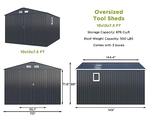 VanAcc 10x12x7.5 FT Outdoor Storage Shed, Galvanized Steel Metal Garden Sheds with 2 Light Transmitting Window and Double Lockable Door, Oversized Tool Sheds for Backyard Patio Dark Grey/White