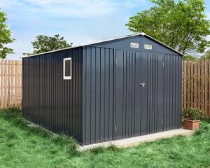 vanacc 10x12x7.5 ft outdoor storage shed, galvanized steel metal garden sheds with 2 light transmitting window and double lockable door, oversized tool sheds for backyard patio dark grey/white