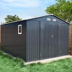 VanAcc 10x12x7.5 FT Outdoor Storage Shed, Galvanized Steel Metal Garden Sheds with 2 Light Transmitting Window and Double Lockable Door, Oversized Tool Sheds for Backyard Patio Dark Grey/White