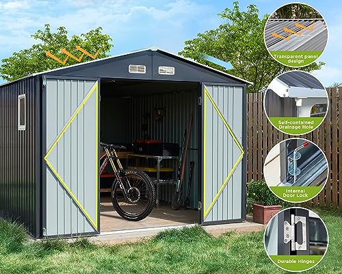 VanAcc 10x12x7.5 FT Outdoor Storage Shed, Galvanized Steel Metal Garden Sheds with 2 Light Transmitting Window and Double Lockable Door, Oversized Tool Sheds for Backyard Patio Dark Grey/White