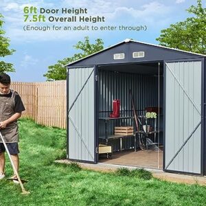 VanAcc 10x12x7.5 FT Outdoor Storage Shed, Galvanized Steel Metal Garden Sheds with 2 Light Transmitting Window and Double Lockable Door, Oversized Tool Sheds for Backyard Patio Dark Grey/White