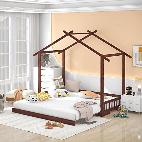 Tidyard Extending House Bed, Wooden Daybed, Walnut for Bedroom Dorm Guest Room Home Furniture