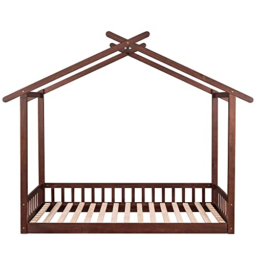 Tidyard Extending House Bed, Wooden Daybed, Walnut for Bedroom Dorm Guest Room Home Furniture