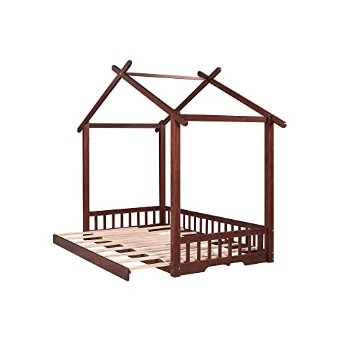 Tidyard Extending House Bed, Wooden Daybed, Walnut for Bedroom Dorm Guest Room Home Furniture