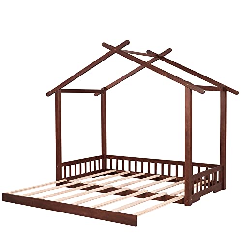 Tidyard Extending House Bed, Wooden Daybed, Walnut for Bedroom Dorm Guest Room Home Furniture