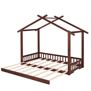 Tidyard Extending House Bed, Wooden Daybed, Walnut for Bedroom Dorm Guest Room Home Furniture