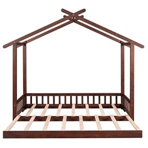 Tidyard Extending House Bed, Wooden Daybed, Walnut for Bedroom Dorm Guest Room Home Furniture