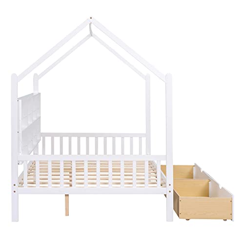 MERITLINE Full Size House Bed for Kids, Wooden Kids Bed Frame with Drawers & House Roof Frame, House-Shaped Bed with Storage Shelf & Slat Support, No Box Spring Needed (White)