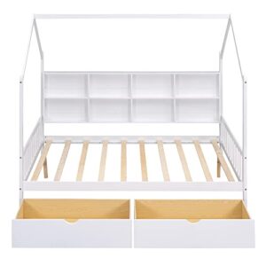 MERITLINE Full Size House Bed for Kids, Wooden Kids Bed Frame with Drawers & House Roof Frame, House-Shaped Bed with Storage Shelf & Slat Support, No Box Spring Needed (White)