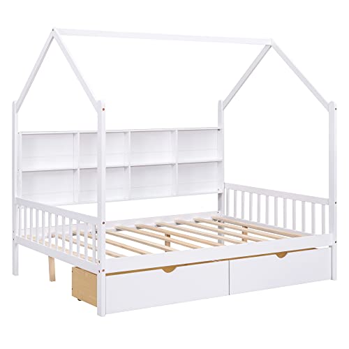 MERITLINE Full Size House Bed for Kids, Wooden Kids Bed Frame with Drawers & House Roof Frame, House-Shaped Bed with Storage Shelf & Slat Support, No Box Spring Needed (White)