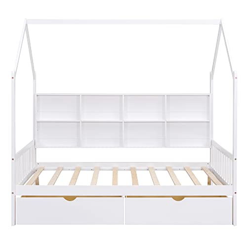 MERITLINE Full Size House Bed for Kids, Wooden Kids Bed Frame with Drawers & House Roof Frame, House-Shaped Bed with Storage Shelf & Slat Support, No Box Spring Needed (White)