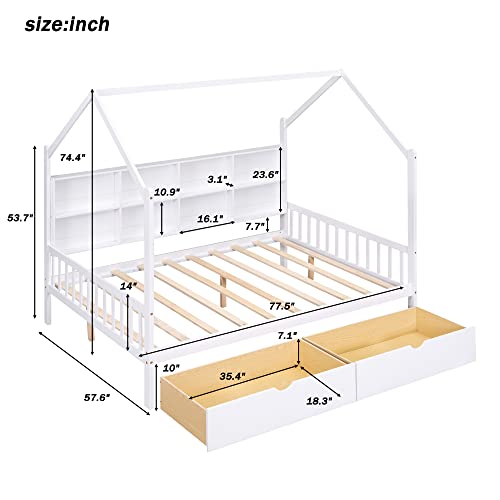 MERITLINE Full Size House Bed for Kids, Wooden Kids Bed Frame with Drawers & House Roof Frame, House-Shaped Bed with Storage Shelf & Slat Support, No Box Spring Needed (White)