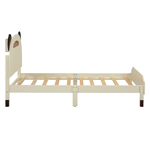Prohon Wood Bed Frame Twin Size with Bear-Shaped Headboard & Motion Activated Night Lights, Platform Bed with 7.9" Underbed Storage, Cute Bedframe for Kids Boys Girls, No Box Spring Needed, Cream