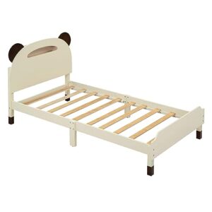 Prohon Wood Bed Frame Twin Size with Bear-Shaped Headboard & Motion Activated Night Lights, Platform Bed with 7.9" Underbed Storage, Cute Bedframe for Kids Boys Girls, No Box Spring Needed, Cream