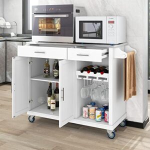 rolling kitchen island cart on wheels, with stainless steel countertop, 2 storage drawers & goblet holder & spice shelf, towel rack, for dining room, restaurant, white