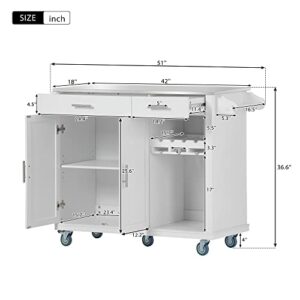 Rolling Kitchen Island Cart on Wheels, with Stainless Steel Countertop, 2 Storage Drawers & Goblet Holder & Spice Shelf, Towel Rack, for Dining Room, Restaurant, White