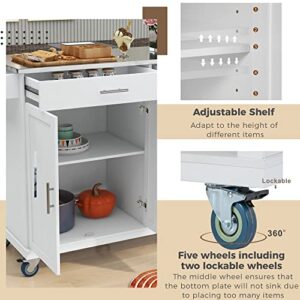 Rolling Kitchen Island Cart on Wheels, with Stainless Steel Countertop, 2 Storage Drawers & Goblet Holder & Spice Shelf, Towel Rack, for Dining Room, Restaurant, White