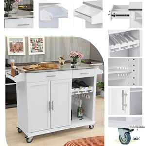 Rolling Kitchen Island Cart on Wheels, with Stainless Steel Countertop, 2 Storage Drawers & Goblet Holder & Spice Shelf, Towel Rack, for Dining Room, Restaurant, White