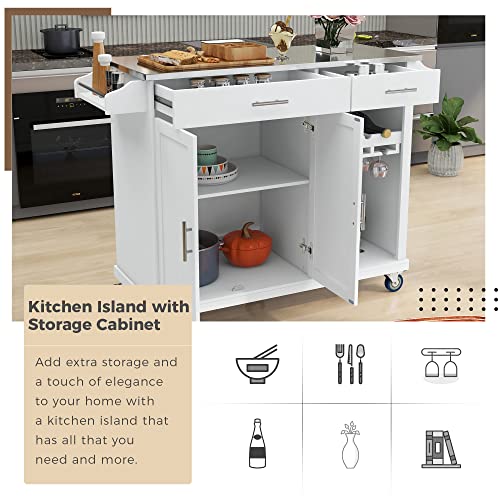Rolling Kitchen Island Cart on Wheels, with Stainless Steel Countertop, 2 Storage Drawers & Goblet Holder & Spice Shelf, Towel Rack, for Dining Room, Restaurant, White