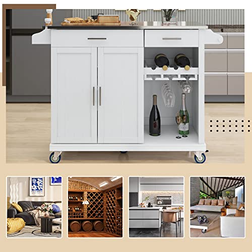 Rolling Kitchen Island Cart on Wheels, with Stainless Steel Countertop, 2 Storage Drawers & Goblet Holder & Spice Shelf, Towel Rack, for Dining Room, Restaurant, White