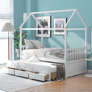 tartop twin house bed with trundle and 3 storage drawers, twin captain's beds wooden storage daybed frame for kids teens boys girls,white