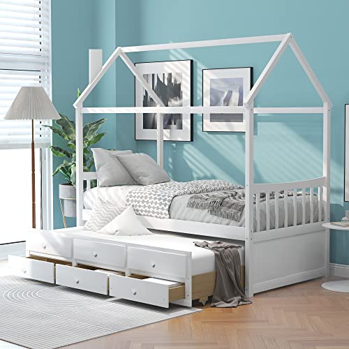 TARTOP Twin House Bed with Trundle and 3 Storage Drawers, Twin Captain's Beds Wooden Storage Daybed Frame for Kids Teens Boys Girls,White