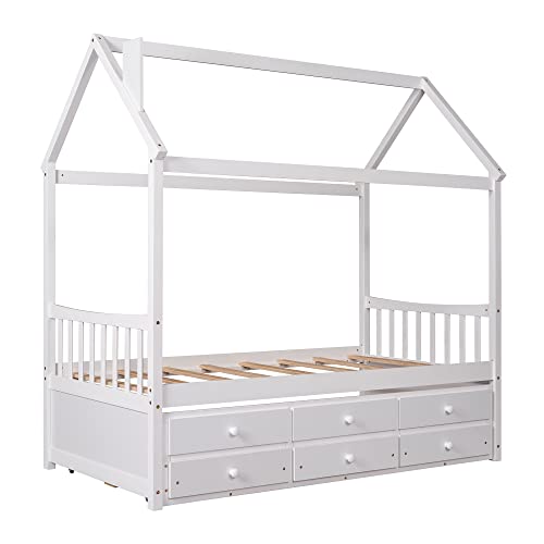 TARTOP Twin House Bed with Trundle and 3 Storage Drawers, Twin Captain's Beds Wooden Storage Daybed Frame for Kids Teens Boys Girls,White