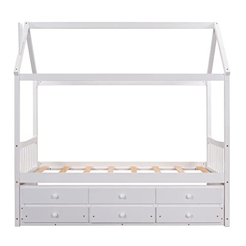 TARTOP Twin House Bed with Trundle and 3 Storage Drawers, Twin Captain's Beds Wooden Storage Daybed Frame for Kids Teens Boys Girls,White