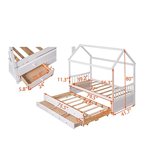 TARTOP Twin House Bed with Trundle and 3 Storage Drawers, Twin Captain's Beds Wooden Storage Daybed Frame for Kids Teens Boys Girls,White