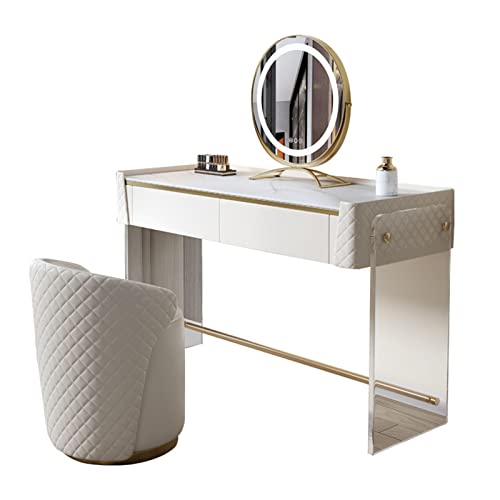 ZHIVIQ Vanity Set with Lighted Mirror, 3-Color Touch Screen Dimmable Mirror, Bedroom Makeup Dressing Table with Cushioned Stool