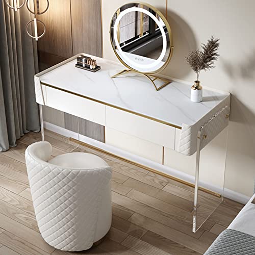 ZHIVIQ Vanity Set with Lighted Mirror, 3-Color Touch Screen Dimmable Mirror, Bedroom Makeup Dressing Table with Cushioned Stool