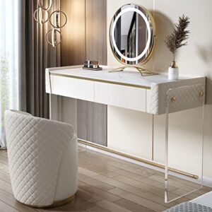ZHIVIQ Vanity Set with Lighted Mirror, 3-Color Touch Screen Dimmable Mirror, Bedroom Makeup Dressing Table with Cushioned Stool