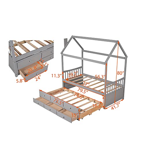 TARTOP Twin Size House Bed with Trundle and 3 Storage Drawers, Twin Captain's Beds Wooden Storage Daybed Frame for Kids Teens Boys Girls,Gray