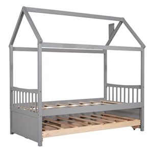 TARTOP Twin Size House Bed with Trundle and 3 Storage Drawers, Twin Captain's Beds Wooden Storage Daybed Frame for Kids Teens Boys Girls,Gray