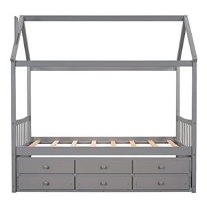 TARTOP Twin Size House Bed with Trundle and 3 Storage Drawers, Twin Captain's Beds Wooden Storage Daybed Frame for Kids Teens Boys Girls,Gray