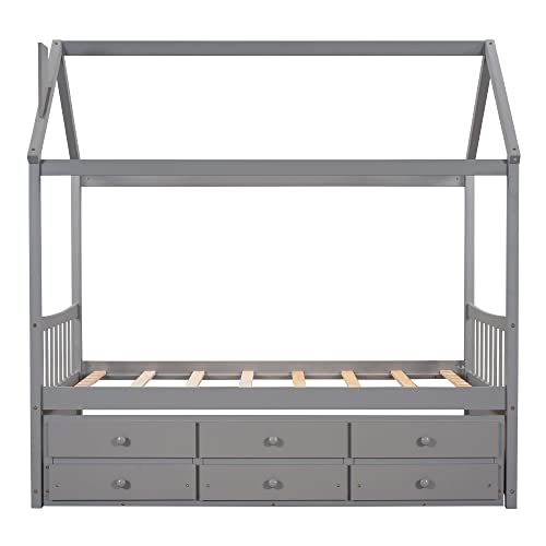 TARTOP Twin Size House Bed with Trundle and 3 Storage Drawers, Twin Captain's Beds Wooden Storage Daybed Frame for Kids Teens Boys Girls,Gray