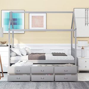 TARTOP Twin Size House Bed with Trundle and 3 Storage Drawers, Twin Captain's Beds Wooden Storage Daybed Frame for Kids Teens Boys Girls,Gray