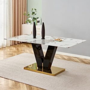 78’’ modern glass dining table for 8, large rectangular dining room table with v-shaped bracket and metal base, minimalist kitchen table for restaurant, meeting room, marble-inspired glass desktop