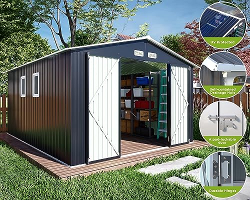 VanAcc 10x12x7.5 FT Outdoor Storage Shed, Galvanized Steel Metal Garden Sheds Kit with 2 Light Transmitting Window and Double Lockable Door, Oversized Tool Sheds for Backyard Patio Dark Grey/White