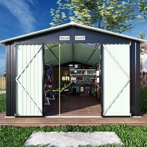 VanAcc 10x12x7.5 FT Outdoor Storage Shed, Galvanized Steel Metal Garden Sheds Kit with 2 Light Transmitting Window and Double Lockable Door, Oversized Tool Sheds for Backyard Patio Dark Grey/White