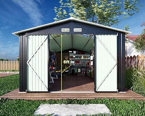 VanAcc 10x12x7.5 FT Outdoor Storage Shed, Galvanized Steel Metal Garden Sheds Kit with 2 Light Transmitting Window and Double Lockable Door, Oversized Tool Sheds for Backyard Patio Dark Grey/White