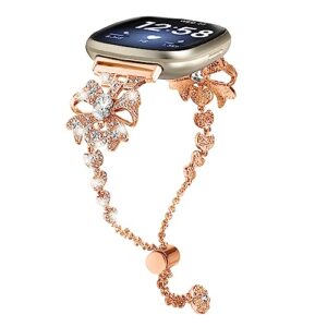 metal bands compatible with fitbit versa 4 smart watch band for women,blingbling rhinestones strap replacement butterfly-shaped bracelet for versa 4 accessories (rose gold)